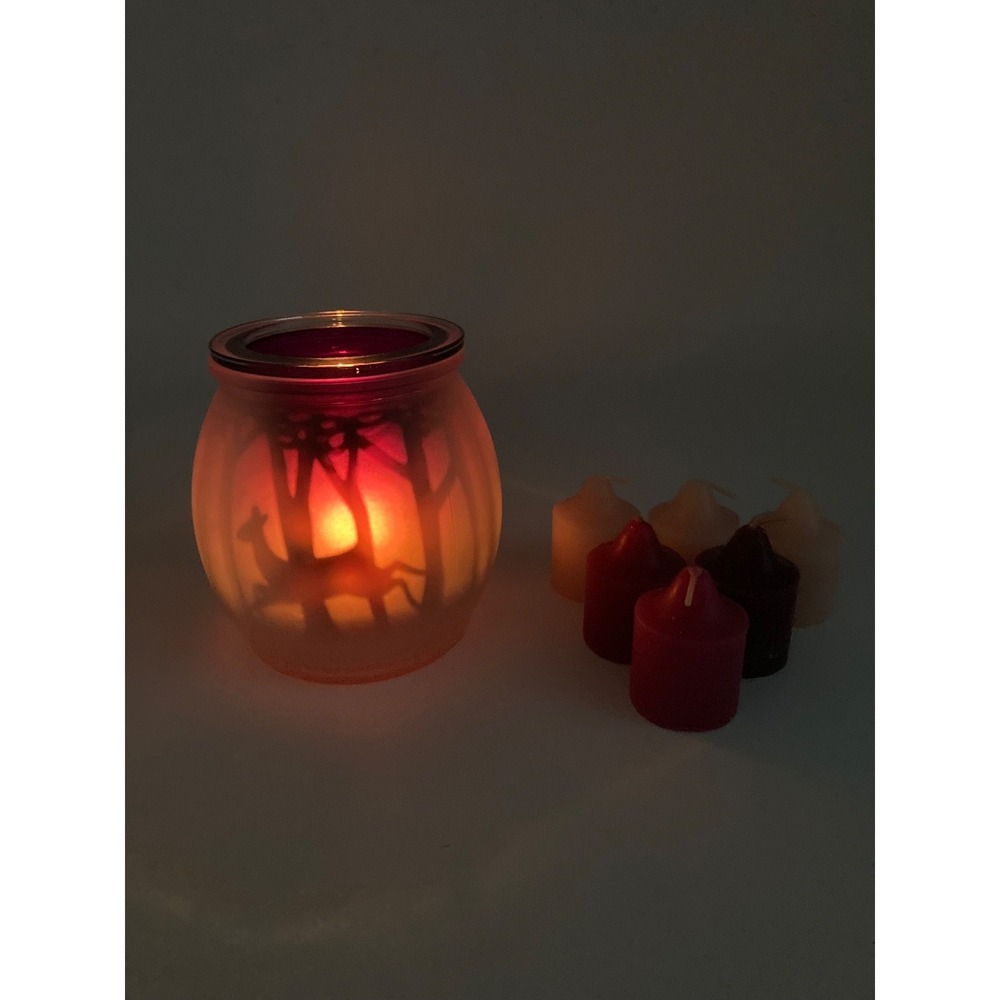 PartyLite Forest Deer Silhouette Glass Hurricane Candle Holder Lot With Votives